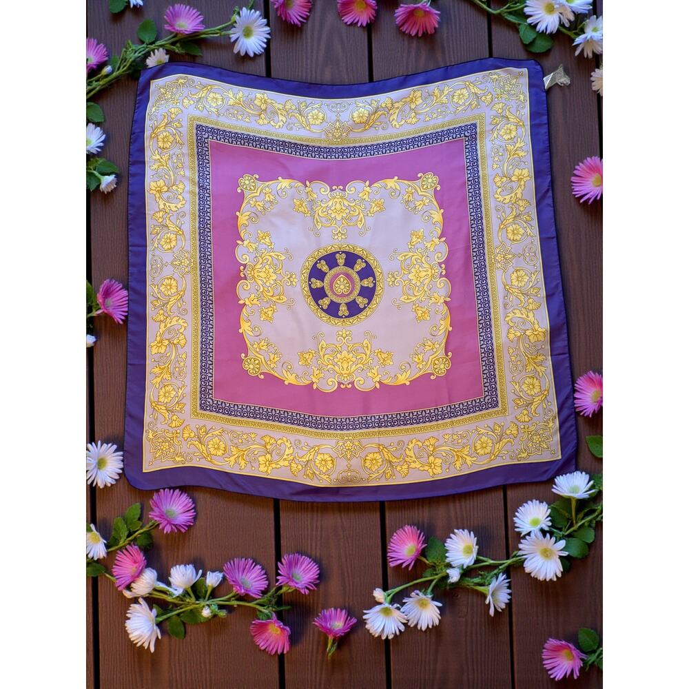Kathy Lee Collection Italian Baroque Scarf-Purple Gold Medallion-Square-Vintage